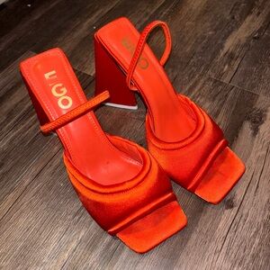 EGO Women's Red Satin Block Heel Sandals